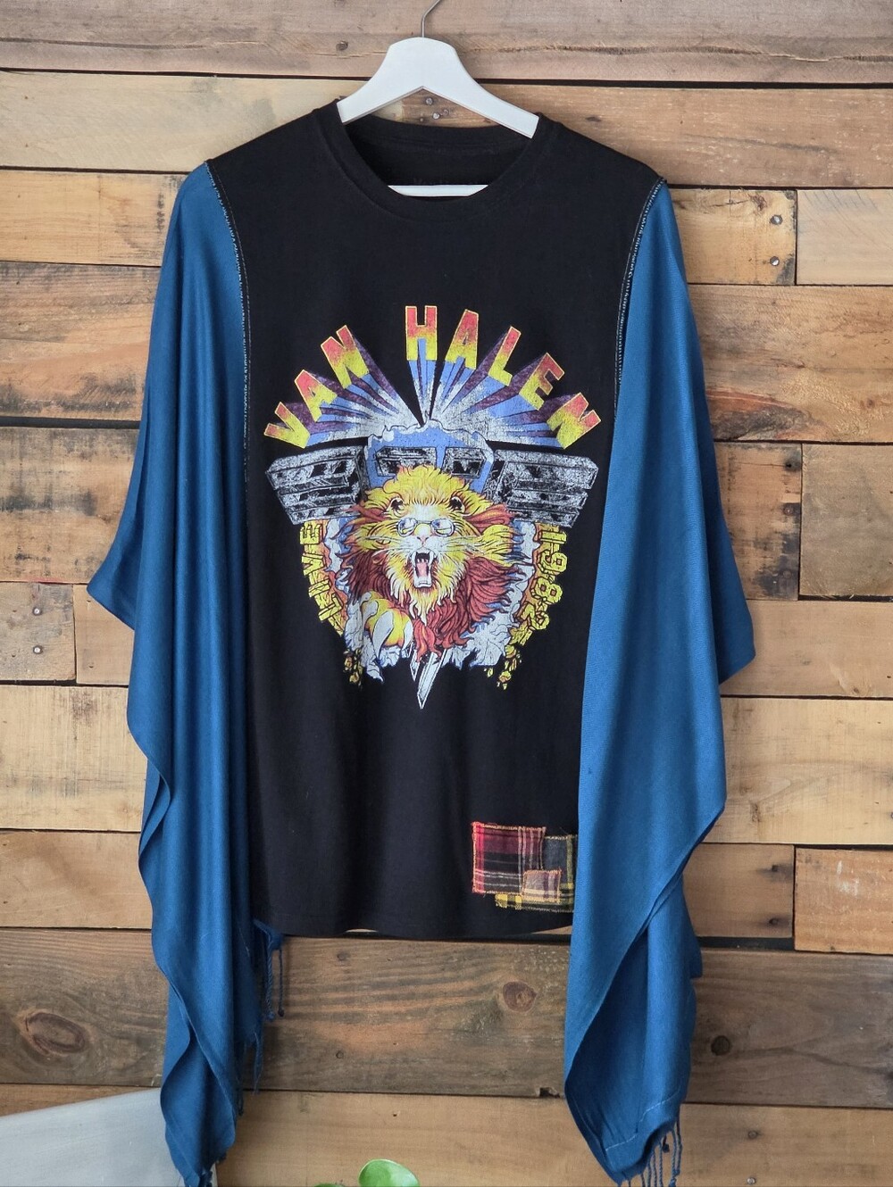 Graphic Black Tee with Teal Draped Sleeves